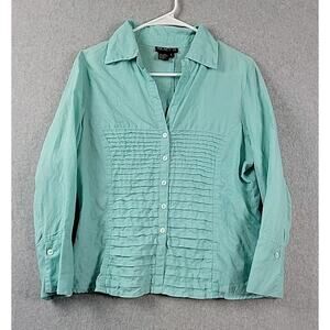 Tracy M 100% Linen Green LS Pleated Button Up Beachy Shirt Women's Large